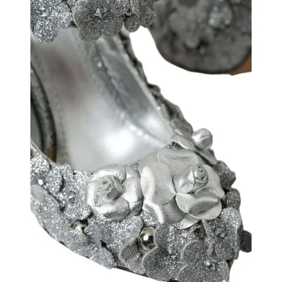 Dolce & Gabbana Silver Floral Crystal Mary Jane Pumps Shoes - Picture 7 of 9